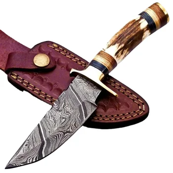 Custom Deer Antler Brass Guard Hand forged Damascus steel Hunting knife With Camping knife Leather Sheath Direct Factory Supply