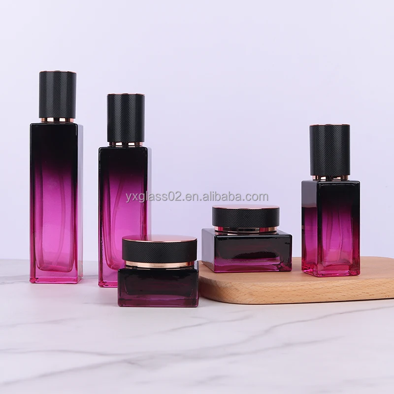 Luxury Innovative design fashion style cosmetic glass bottle set skincare cosmetic packaging square glass container details