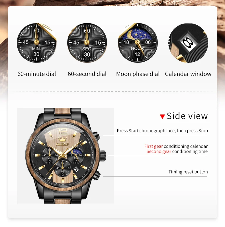 Olevs 3645 Quartz Chronograph Men Calendar Watch Round Textured Solid Wood Luxury Glass Luminous Hands Business Watches for Men