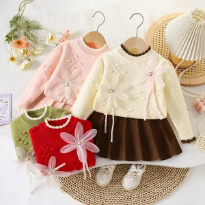 Girls' Sweet Floral Solid Color  Anti-Pilling Sweater Set Knit Pullover Short Skirt Lace Cardigan for Autumn Winter