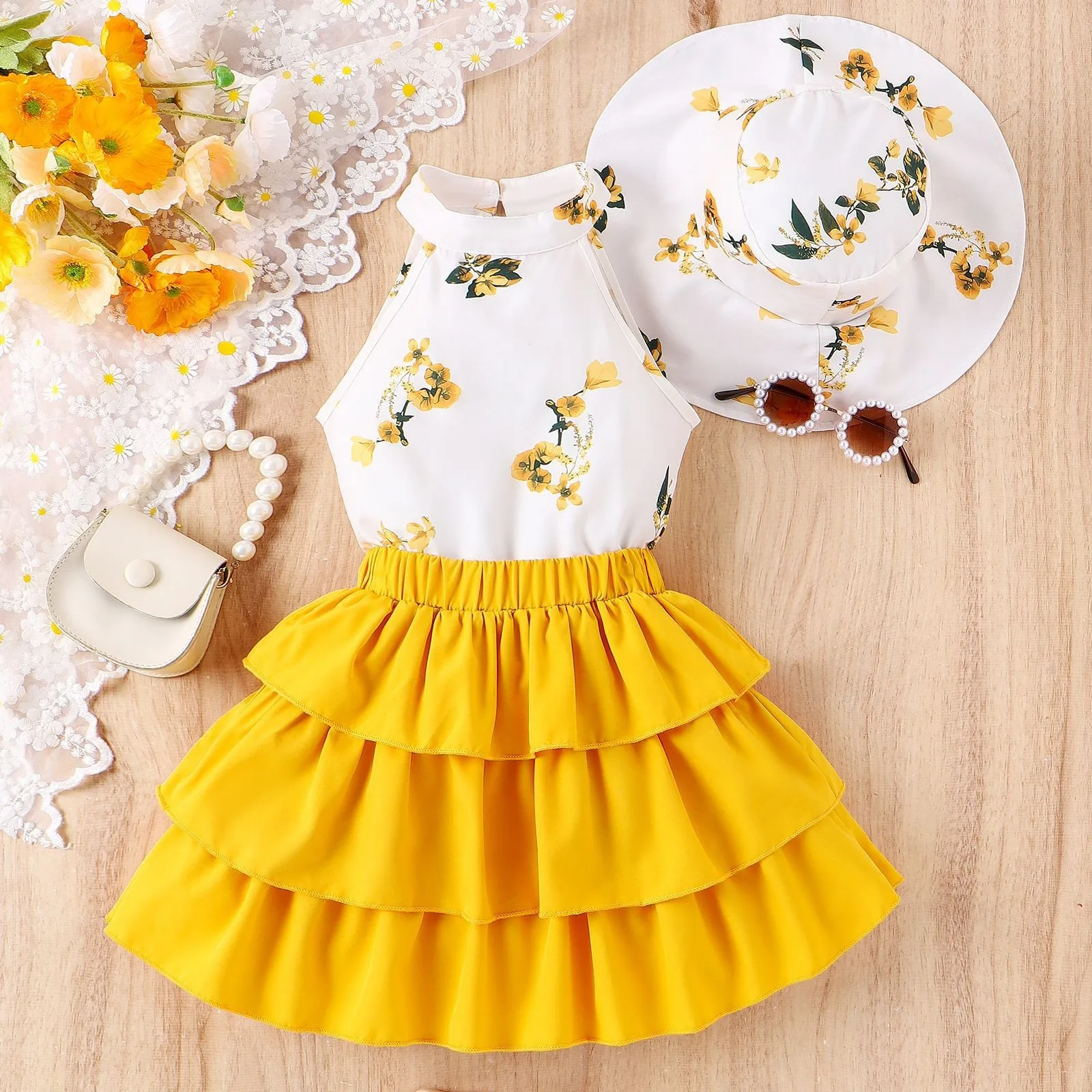 2024 Summer Cute Girls Clothes Floral Printed Halter Top