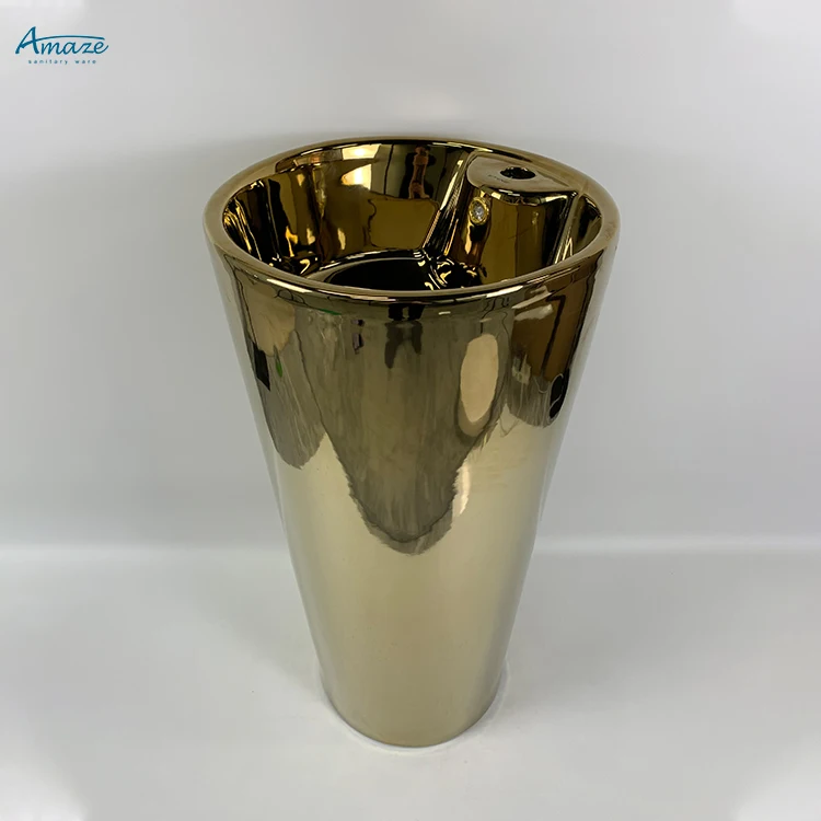 Luxury sanitary ware plated gold color basin bathroom sink ceramic full pedestal gold wash hand basin supplier