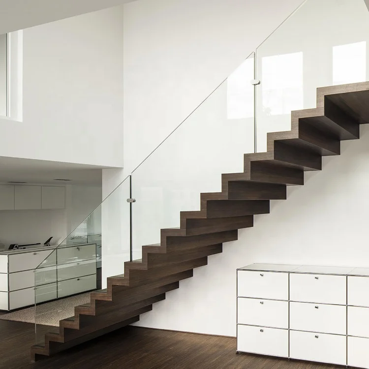 High Quality Zigzag Staircase with Tempered Glass Railing Design Indoor Stainless Double Stringers Stair