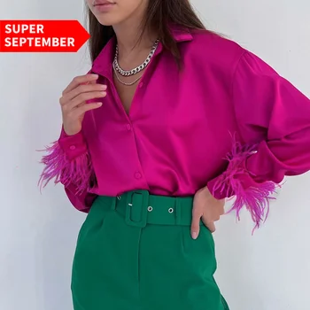 Enyami Autumn Work Leisure Feather Cuffs Elegant Women Feather Shirts Satin Office Ladies Rose Pink Blouses And Tops