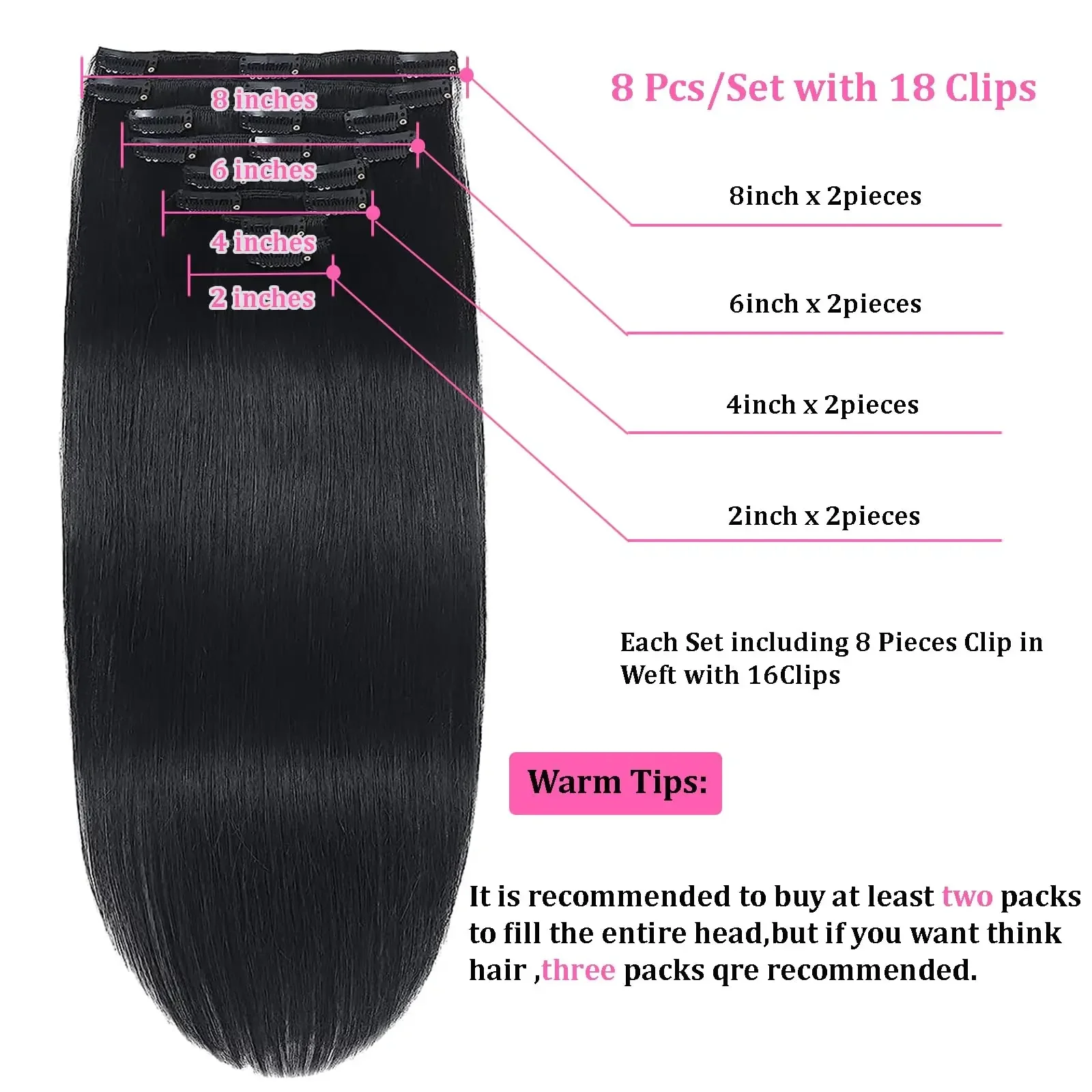 Brasilianische Remy-Echthaar-Extensions, voller Kopf, 8 Stück, weicher Clip in natürlicher Farbe_voghion.com