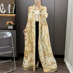 Wholesale Women's Clothing Arab Ladies Elegant Abaya Design Stretch Printed Robe Miyake Pleated Abaya