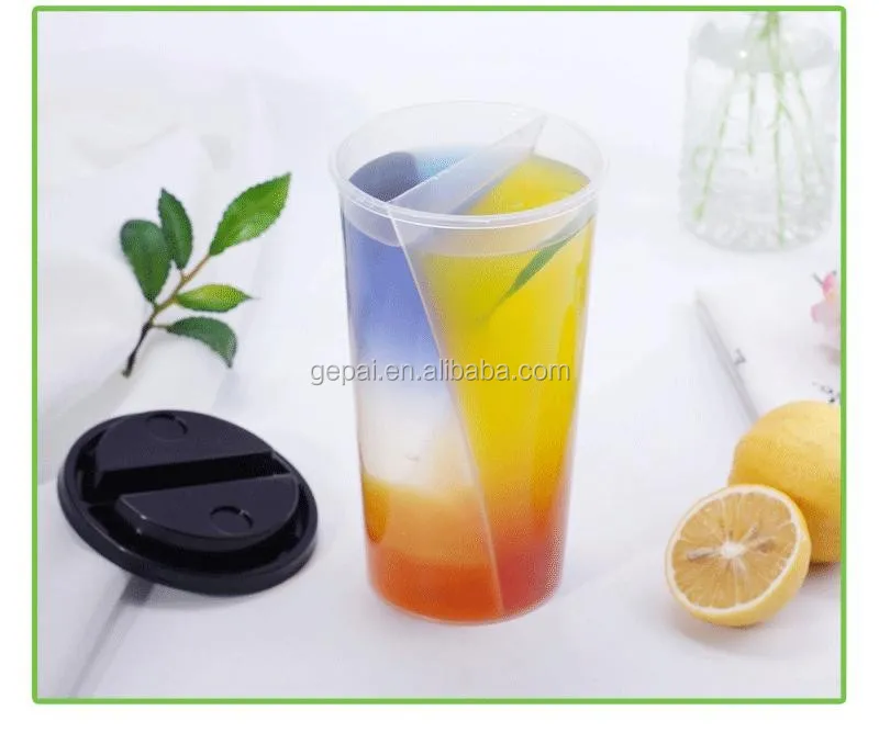 Disposable Split Twin Plastic Cup with Double Lid for Serving Two Different Drinks at Parties