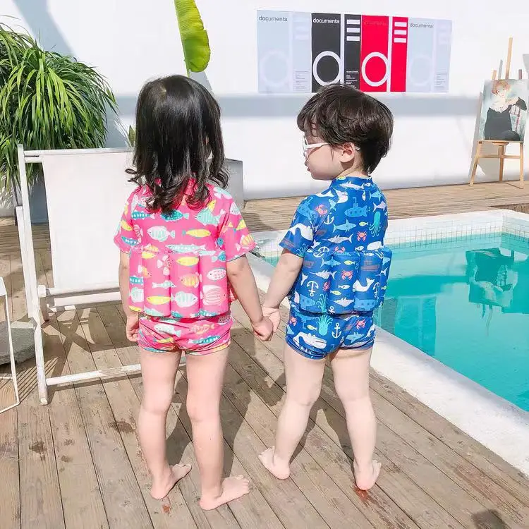 Children Buoyancy Swimsuit Swimming Training Swimwear Boys Girls Floating Rash Guards Bathing Suit with Caps W081