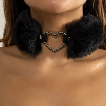 Vintage Black White Fur PU Leather Collar Necklace For Women Harajuku Choker Statement Heart Necklace Jewelry