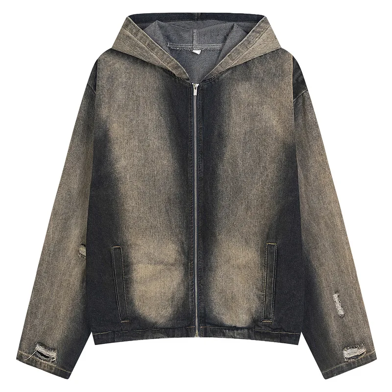 Distressed Hooded Denim Sweatshirt Destroyed Design Sense Men's Niche National Trend High Street Cross-Border