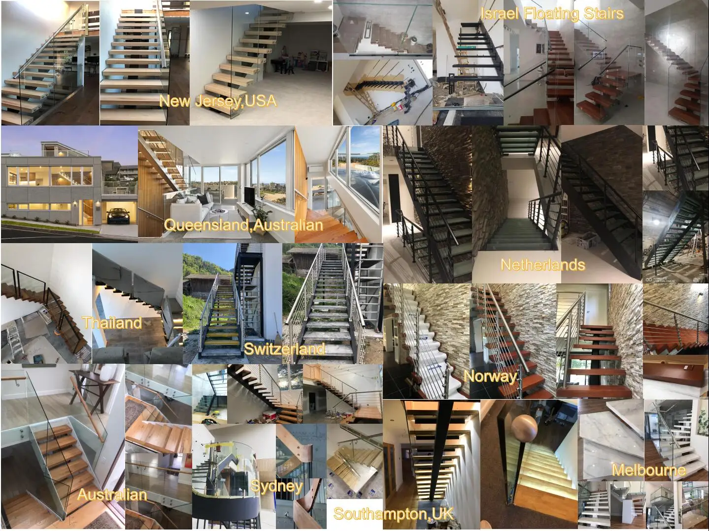 Floating modern staircase indoor invisible steel stringer wood stairs with glass railing factory