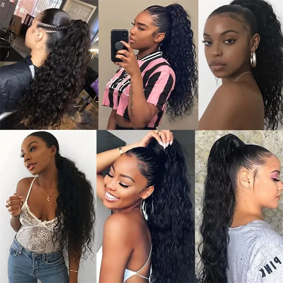 Menselijk haar krullende paardenstaart diepe watergolf extensie trekkoord natuurlijke kleur_voghion.com