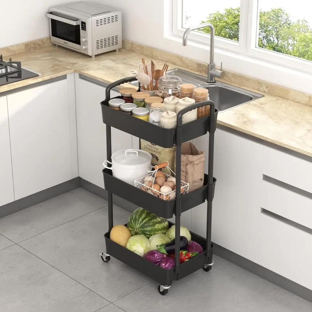 3 Tier Plastic Rolling Utility Cart with Handle Kitchen Organizer Storage Rack Kitchen 360 Rotating Fruit Basket