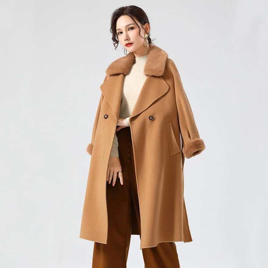 long camel coat with fur collar