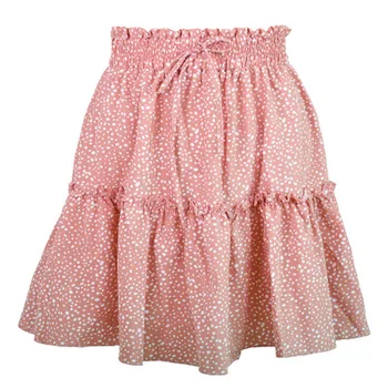 XQM Women A-Line High Waist Pleated Short Skirt Casual Polka Dot Ruffle Summer Floral Print Chiffon Beach Skirt