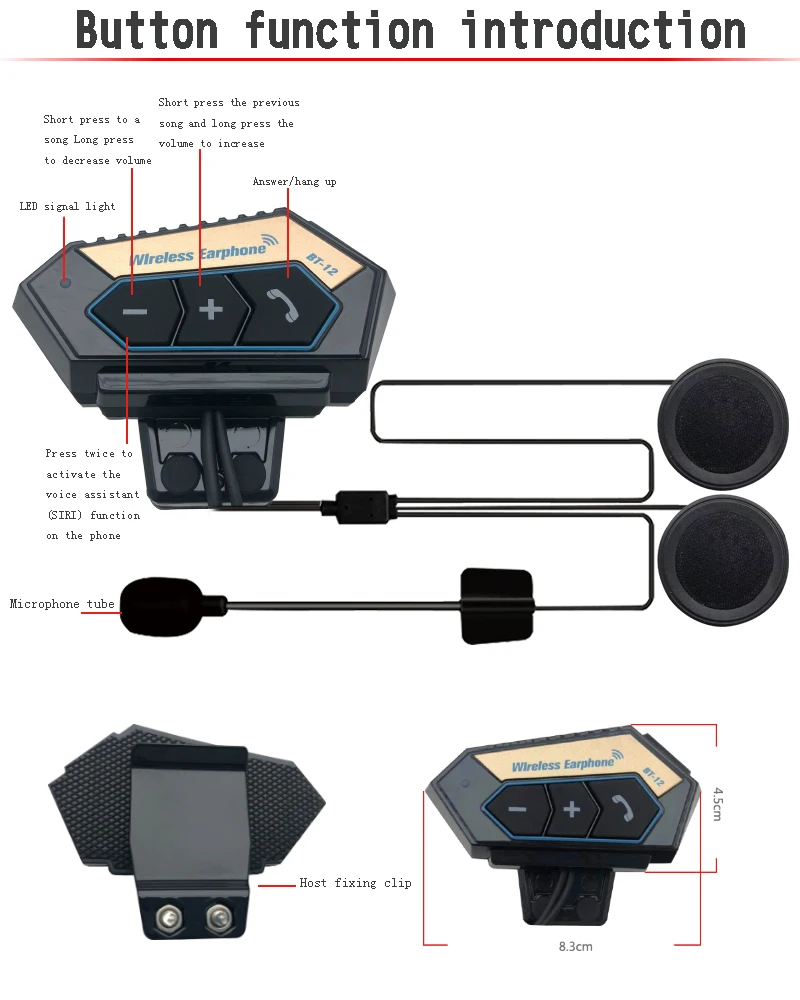 BT12 Gold 2000mAh Motorcycle BT Helmet Intercom Headset Wireless  Hands-free Telephone Call Kit Stereo Anti-interference