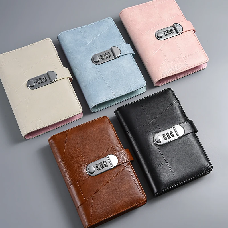 Custom Printing Leather Cover A6 Refillable Binder Budget Notebook Journals Planner Daily Diary with Combination Lock Workbook