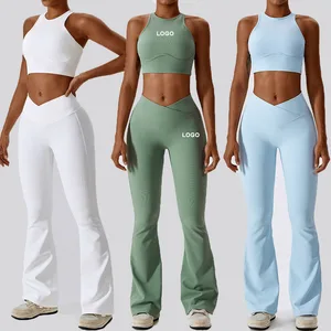 OEM Hollow Back Sportswear Close-fitting Gym Fitness Sets Quick Dry Ribbed Yoga Sports Bra Flared Pants Workout Set for Women