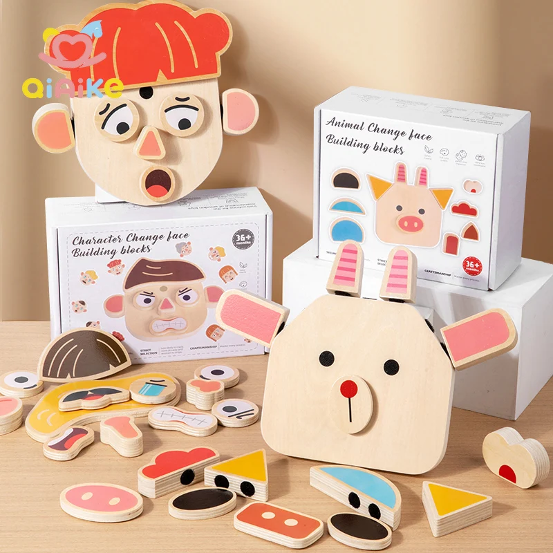 Neue 3D-Puzzle für die frühkindliche Erziehung, Holzspielzeug, Tiere, veränderbare Gesichter, Bausteine, Puzzlespielbrett für das gemeinsame Spielen von Eltern und Kind