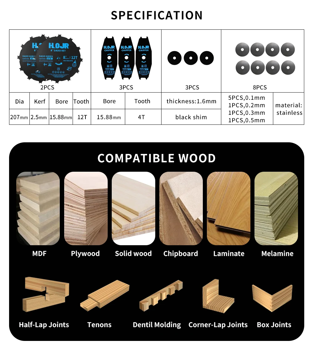Hojr Dado Blade Set Circular Saw Blade 8in 12tooth Tungsten Carbide
