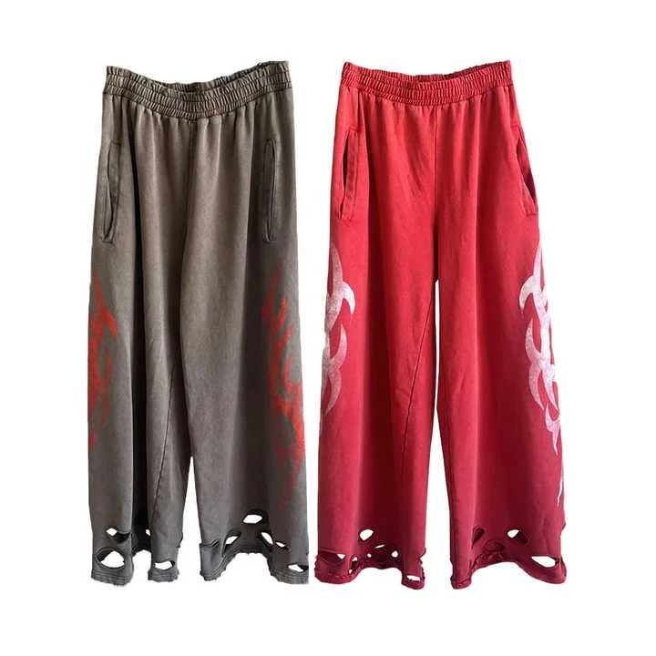 Salati Casual Nylon High Quality Oversized Wide Leg Acid Wash Stacked Flared Baggy Sweatpants Oversized Hem Hole Distress Pants gallery 9