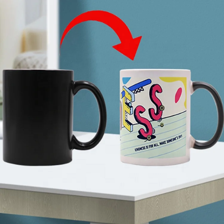11oz Heat Sensitive Color Changing Magic Black Sublimation Ceramic Coated Heart Handle Mug With Customized
