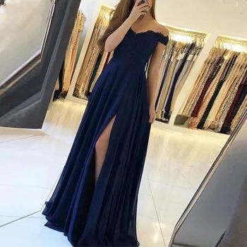 EV017 Off The Shoulder A Line Navy Blue Design Ladies Lace Evening Dresses Long Appliqued Slit Evening Gown Prom Party Gown