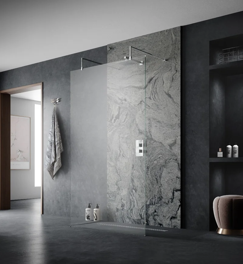 High end modern bathroom with sliding tempered glass door shower