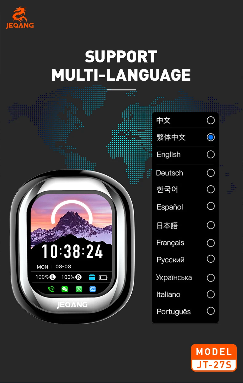 Jeqang-27S TWS BT Wireless In-Ear Earphones Smart Touch Screen Noise Cancelling Headphones Supports WeChat WhatsApp Messages