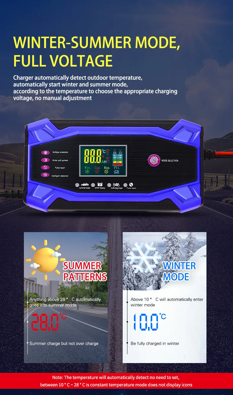 CHAOCHENBEN Hot Sell Blue Intelligent Pulse 12V/24V 10A Car Battery Charger Temperature Compensation Multi-Function Integrated details