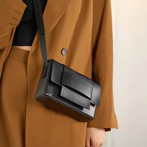 Fashion-Forward Cowhide Cross Body Bag for Men & Women Neutral Soft Small Square Zipper Button Closure Women's Shoulder Bags