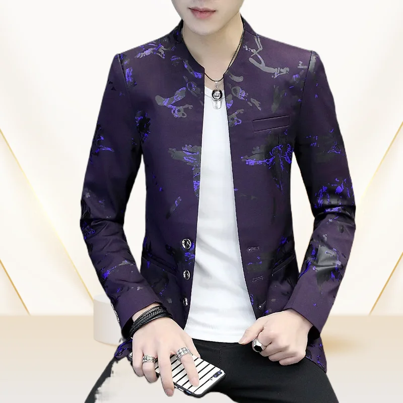 Men Printed Three Button Round Neck Small Suit High Quality Dress