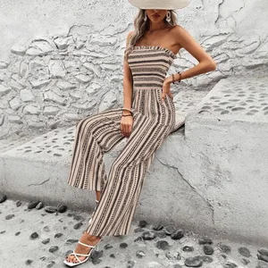 Off Shoulder Strapless Women's Jumpsuits Summer New Striped Shirring Jumpsuit Playsuit Elastic Light Luxury Outfit for Outerwear