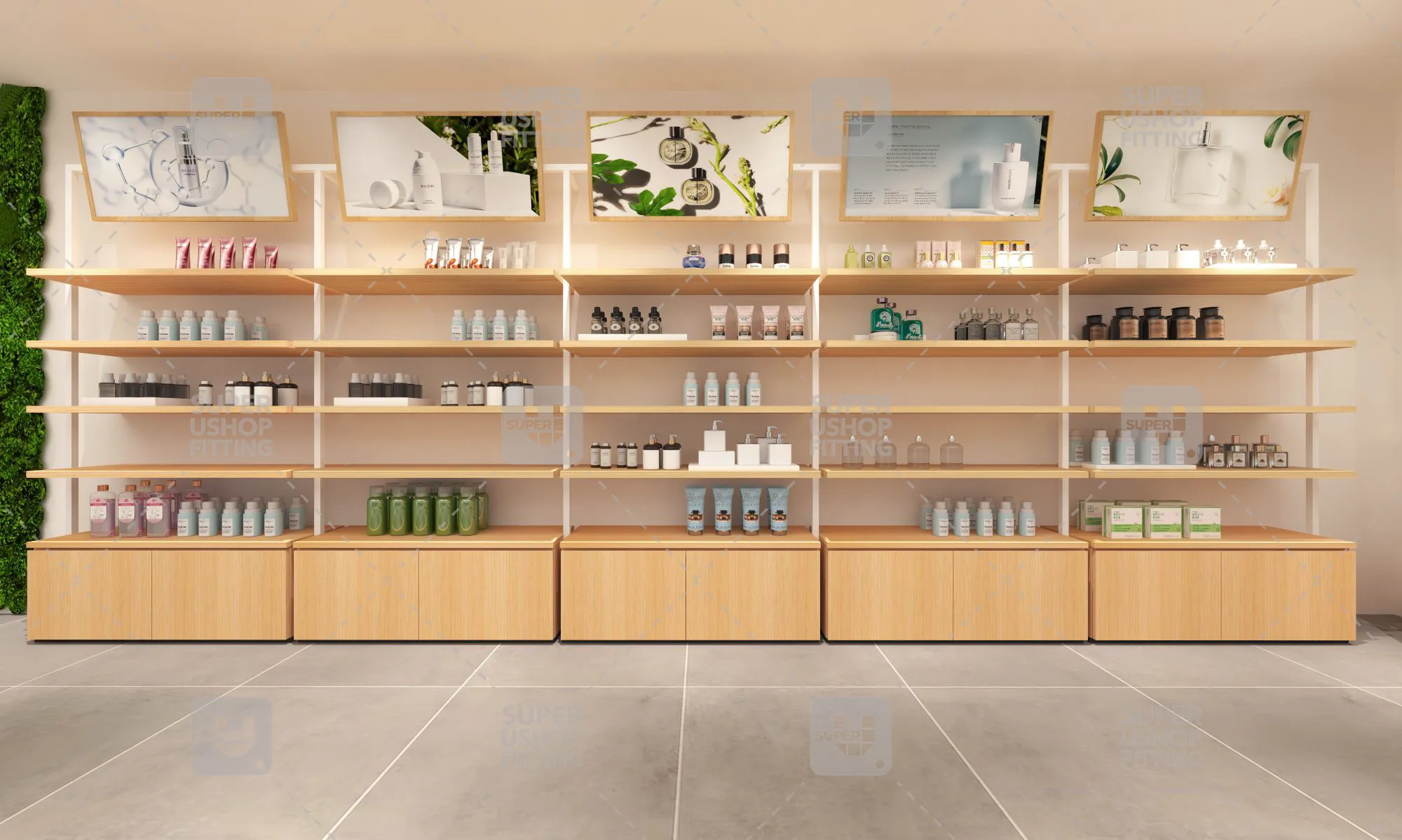 Custom Retail Skincare Display Showcase Customized Makeup Shop Interior Design Wooden Cosmetic Display Shelves