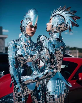 Party Flash Laser Dance Glass Sparkly Suit Mirror Costume Silver Golden Snake Bodysuit Reflective Mirror Costume for Women