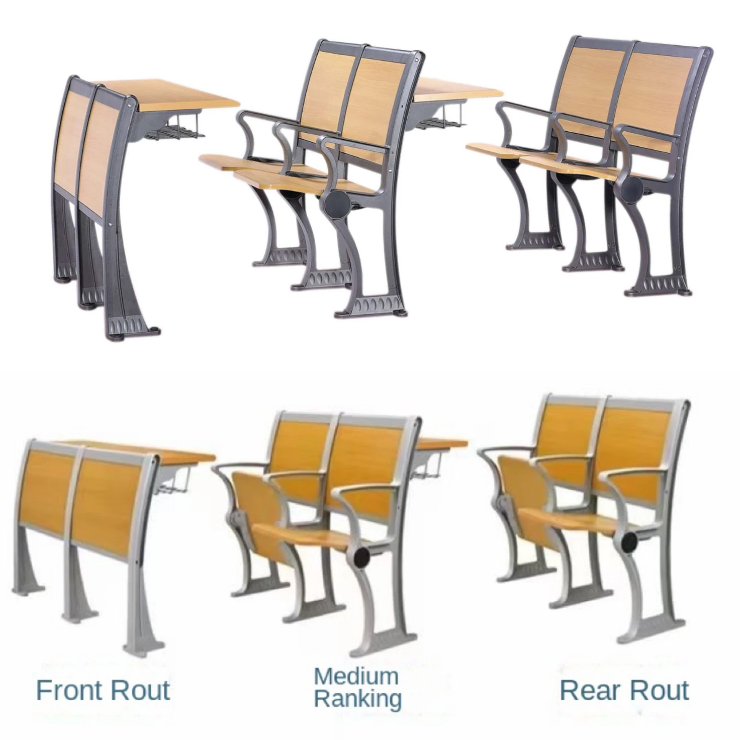 Modern Design Steel Backrest School Chair with Wooden Folding Seat Fixed Armrest Ladder Lecture Hall Table for College Students