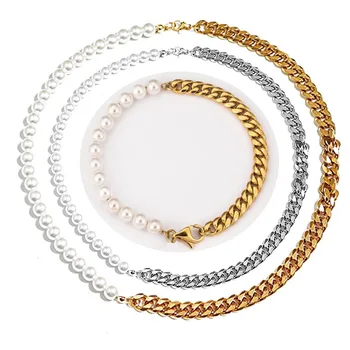 ◆VINTAGE HOLLYWOOD◆ Chain Half Pearl BraceletVH24NNBR173M Vintage Mens Half Pearl Half Chain Necklace Bracelet