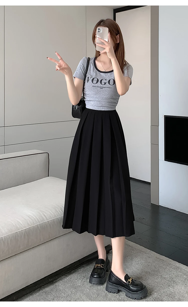 2023 frühjahr und Sommer Neue Stil mit Hemd Kaffee Farbe Plissee Halb S frauen Hohe Taille ein Wort in die Lange Half214_voghion.com