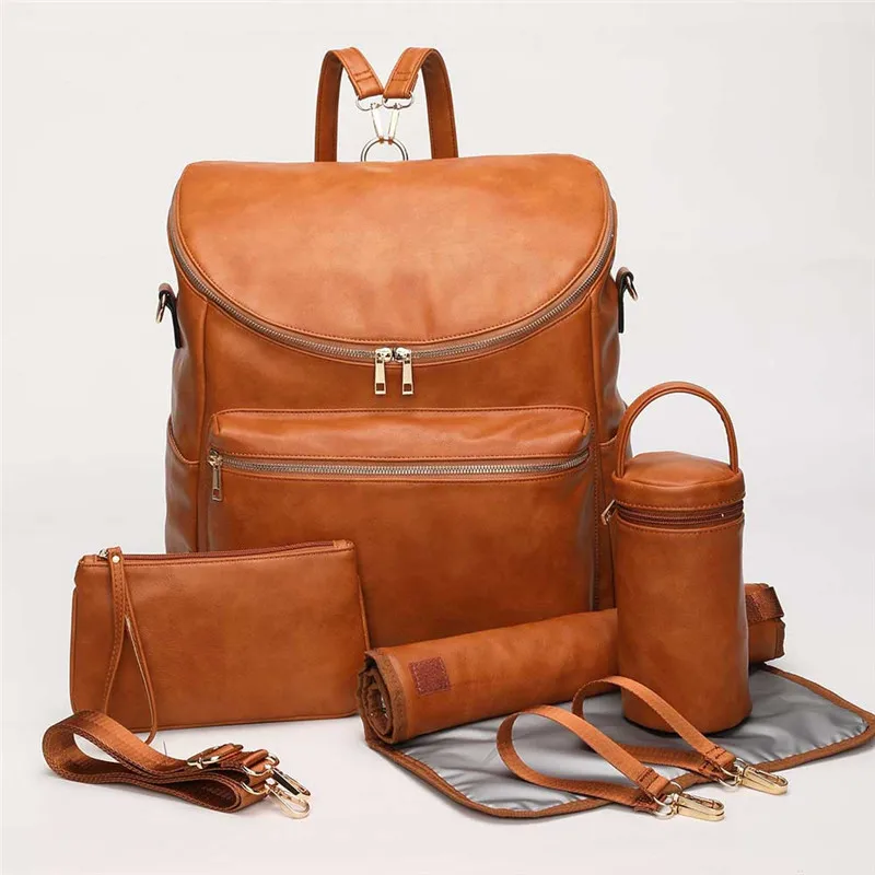 brown pu style diaper bag with changing station for baby diaper backpack