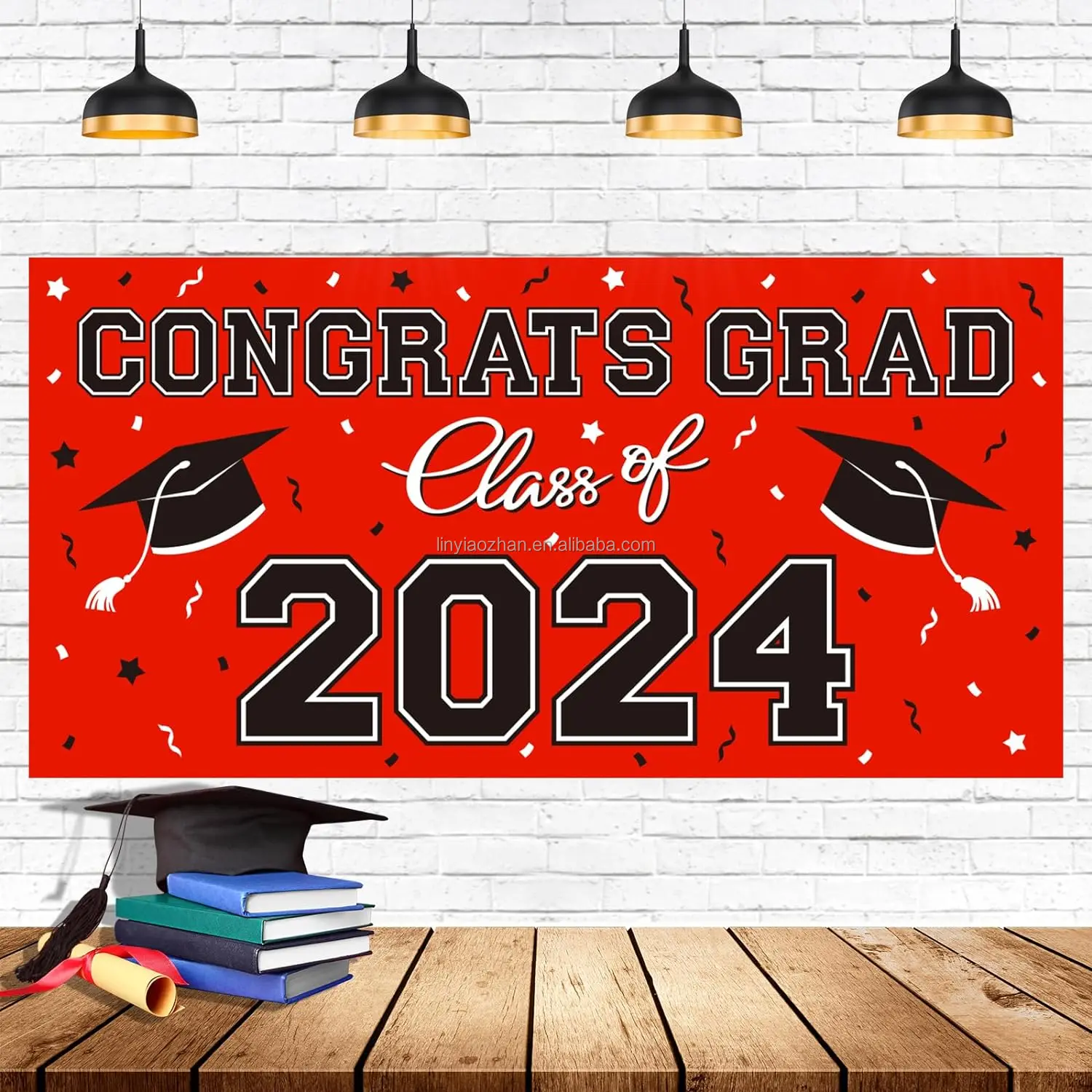 Glitzer-Banner 'Congrats Grade' In Rot/Schwarz - Abschlussdeko Für Klasse 2024, Mit Quasten