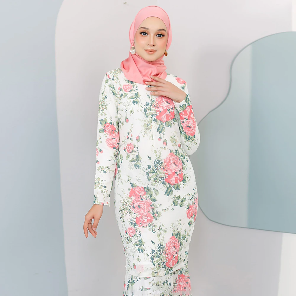 2023 Malaysia Traditional Custom Pattern Blouse Skirt Set  Floral Printing Heavy Chiffon CoTudung Girl Baju Kurung