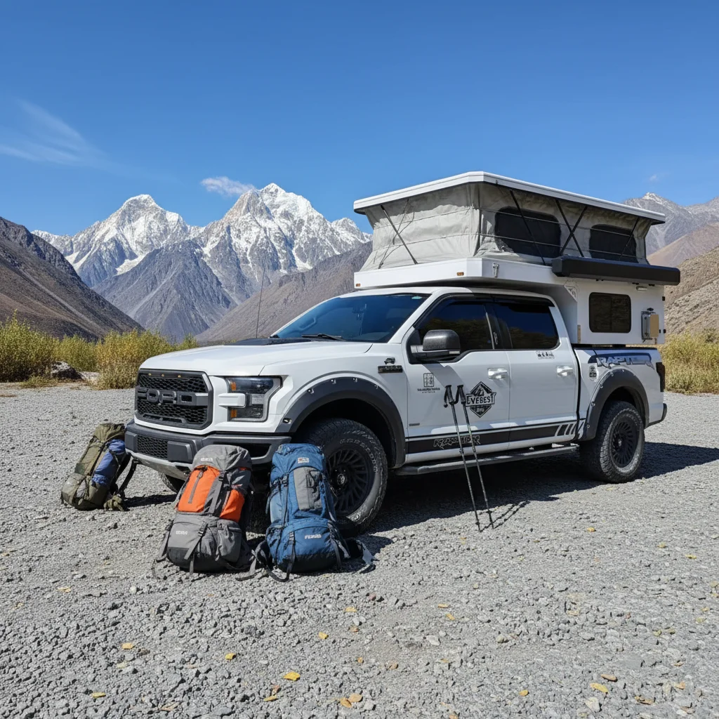 Xe caravan dạng camper cho xe bán tải 4x4 bằng sợi thủy tinh của QC Pioneer, chuyên dùng cho địa hình off-road, hiện đại, nhẹ, chống nước và phù hợp cho hoạt động cắm trại của tối đa 4 người