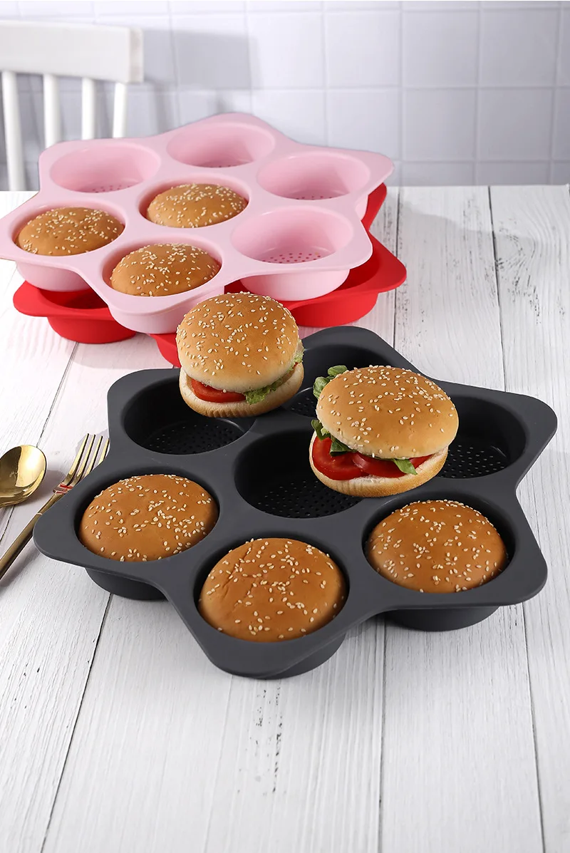 7-Hole Silicone Bread Mold with Breathable Hollow Burger Mold Silicone Burger Baking Sheet for Cake Tools factory