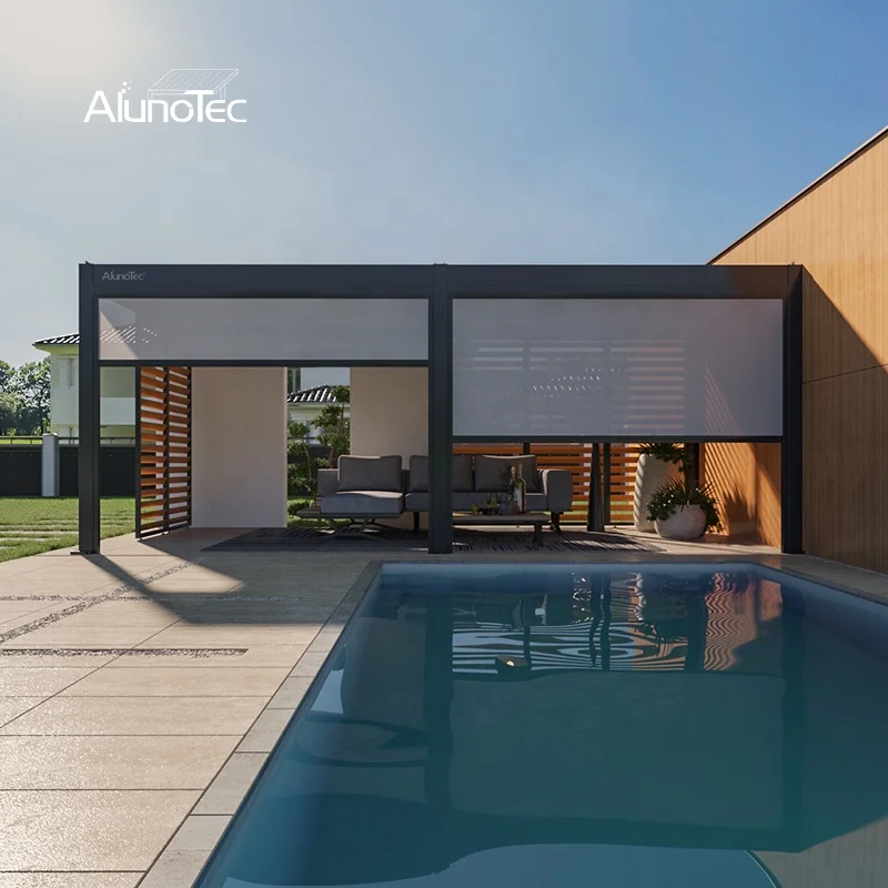 AlunoTec Waterproof Remote Control Bioclimatica System 3x3 3x4 4x3 4x6 Gazebo Motorized Automatic Roof Louvers Aluminium Pergola