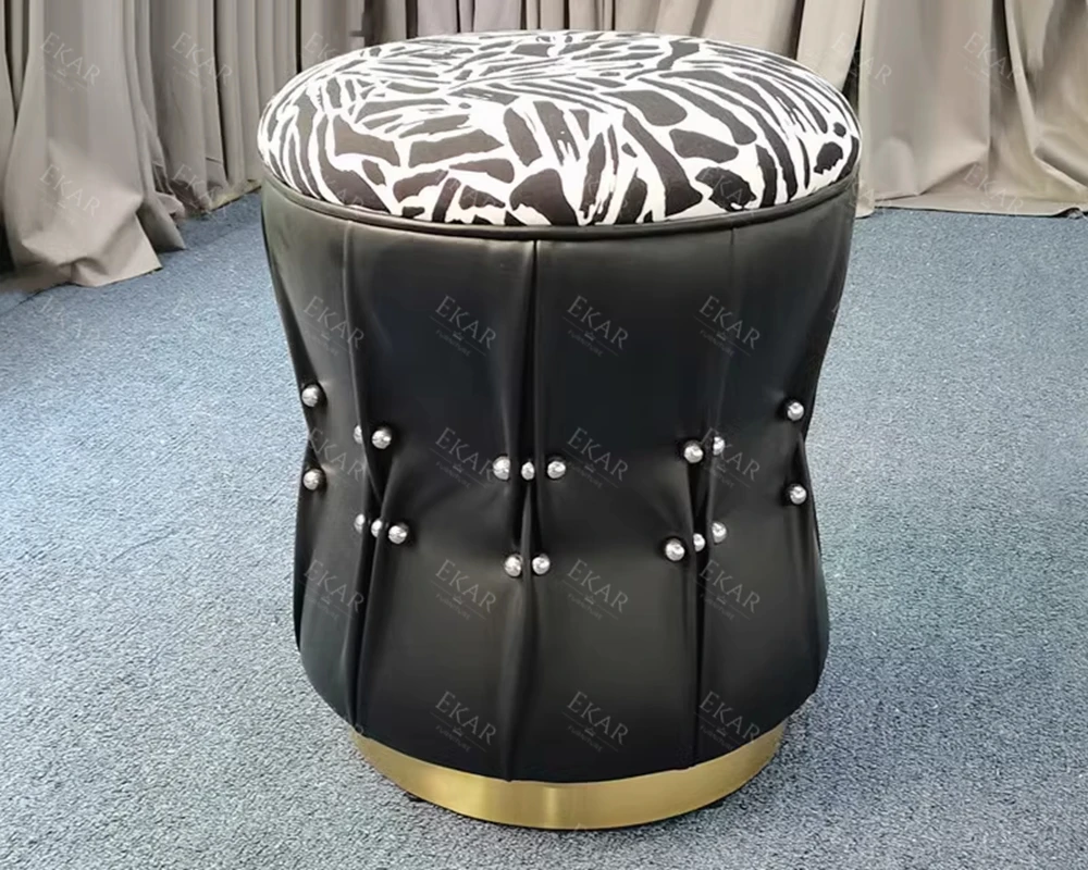 product luxurious gold brushed metallic finish drum stool contemporary accent seating pouf-70