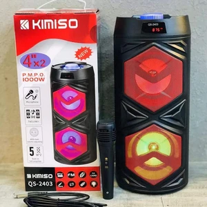 QS-2403 KIMISO good quality double 4 inch wireless speaker bass stereo portbale speaker with wired microphone