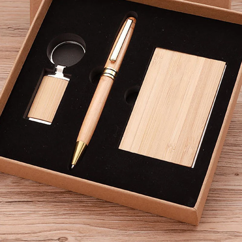 Bamboo Wood  Cover Notebooks Customized Logo Gift Set Planner Pen Keychain Card Holder