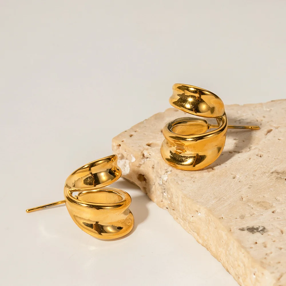 New Arrival Two Layer Unique Design Hoop Earring 18K Gold Plated Stainless Steel Waterproof Tarnish Free C Earrings