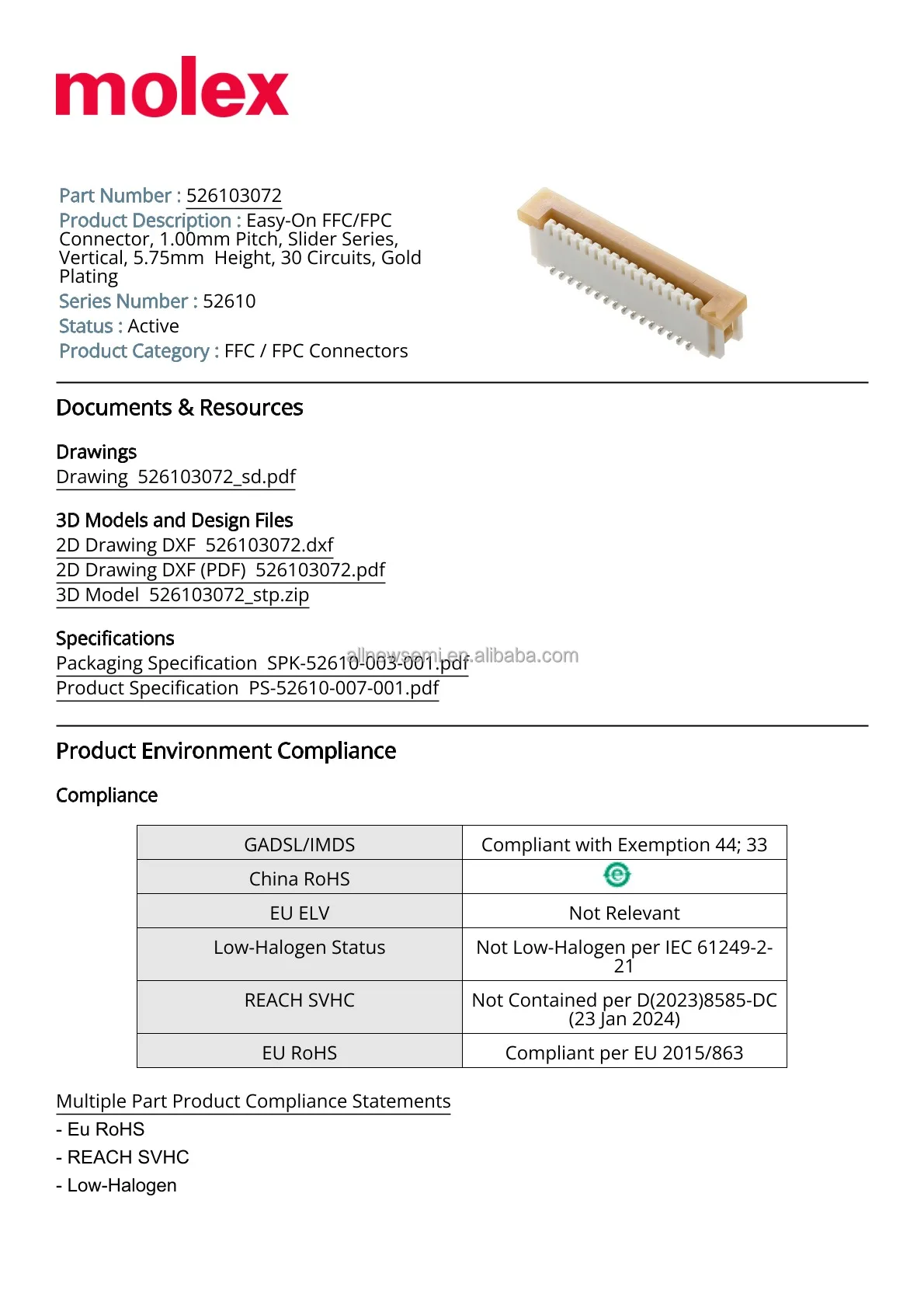 Hot sale Original 52610-3072 Card Edge Connector 30 Contact Female Straight 0.039 inch Pitch Surface Mount Terminal Connectors