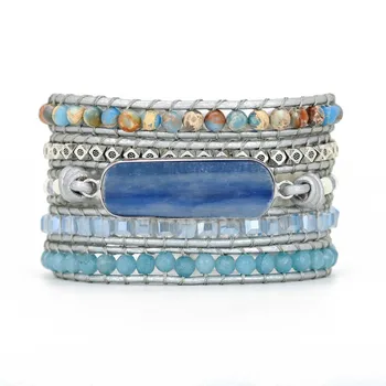 Poya Wholesale Natural Blue Crystal Silver Bracelet Square Crystal Beads Cowhide Braided Winding Bracelet